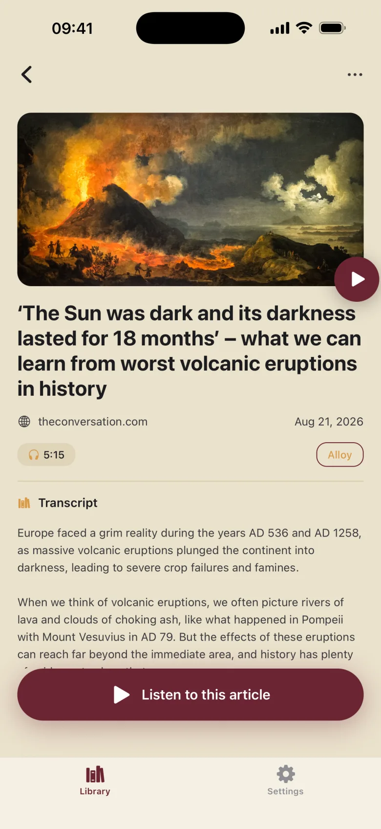 An ArticleFM article detail screen showing artwork, source, duration, the chosen narrator, a transcript preview, and a Listen to this article button.