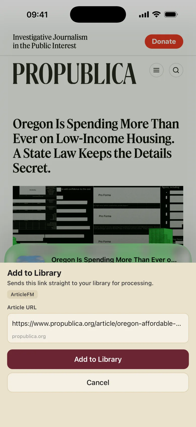 The ArticleFM share extension open over an article in Safari, with the article URL pre-filled above an Add to Library button.